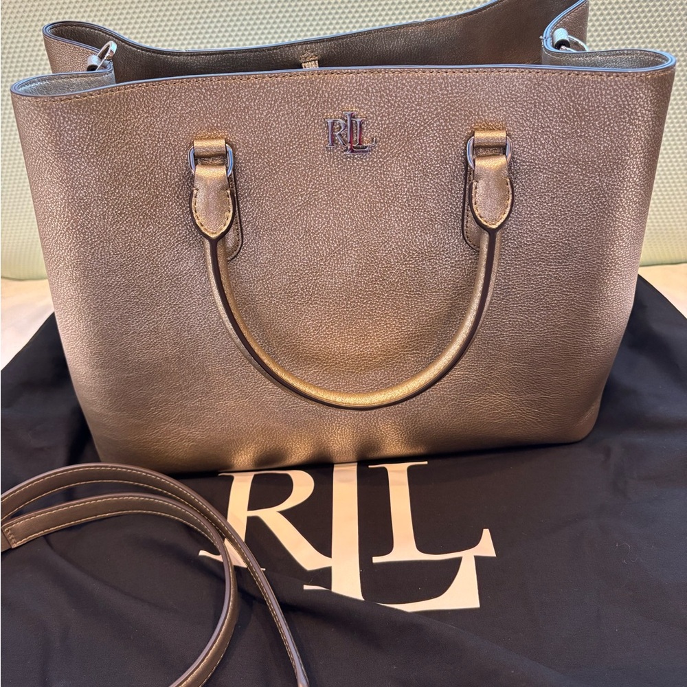 Ralph Lauren Marcy Metallic Antique Silver Leather Tote